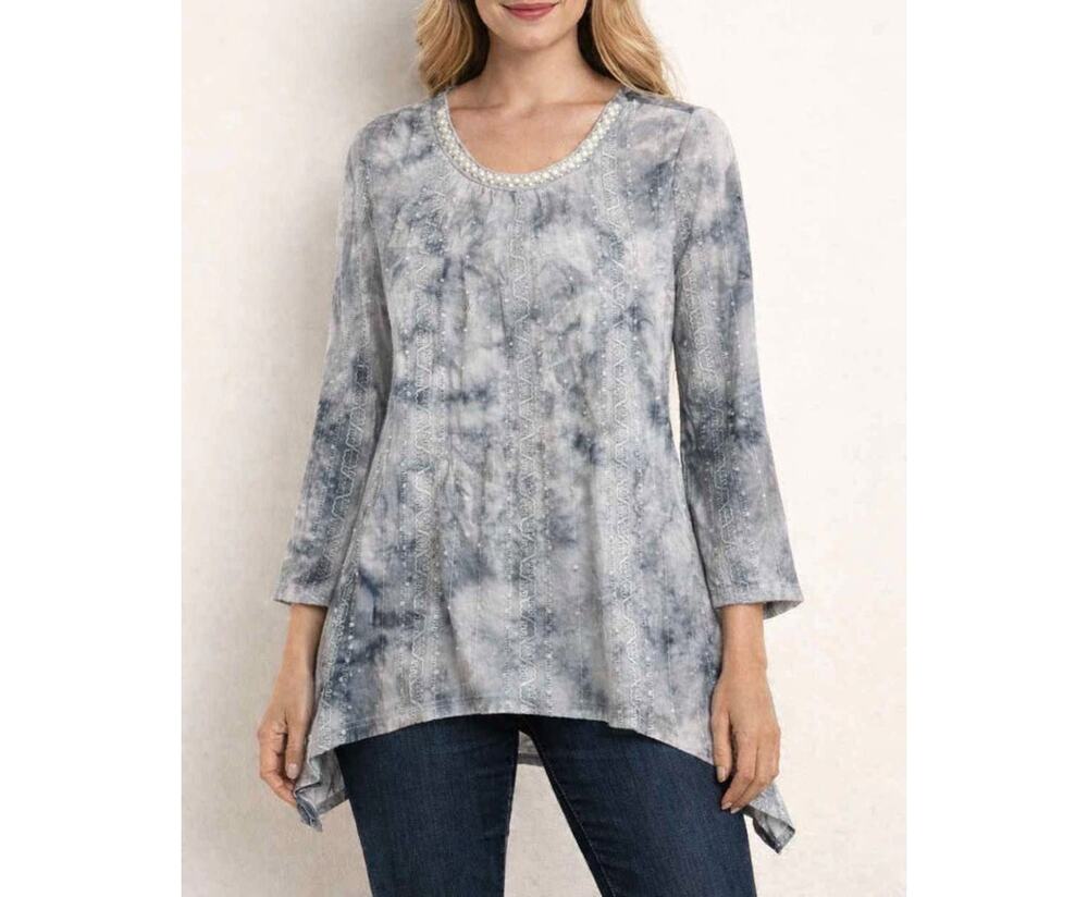 New Chances R Gray & Beige Beaded Sequin 3/4 Sleeve Tunic Top Blouse – Size M